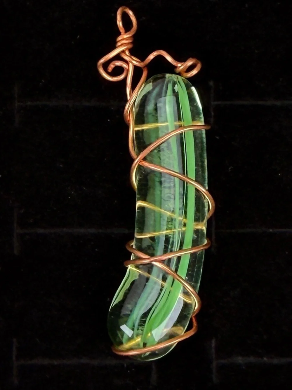 Green Glass Pendant Necklace with Coppertone Wire Wrap